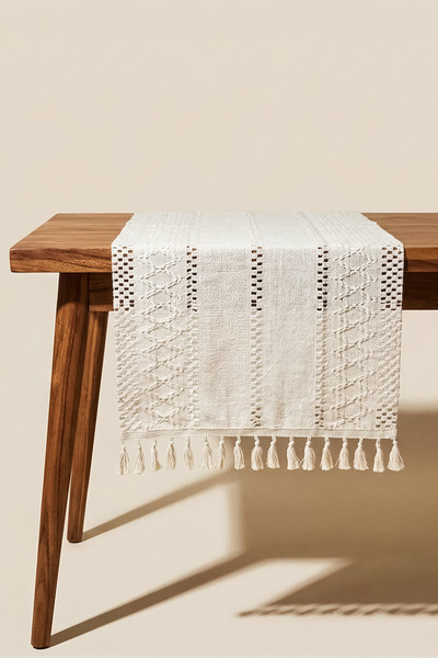 Perotti Regina 100% Cotton Tasseled Striped Decorative Runner - Beige 35X145 cm