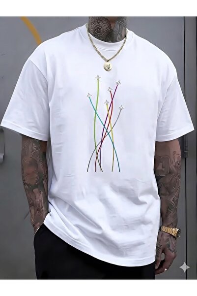 JENOLAN Men's Jet Airplane Printed Oversize T-Shirt Loose Fit