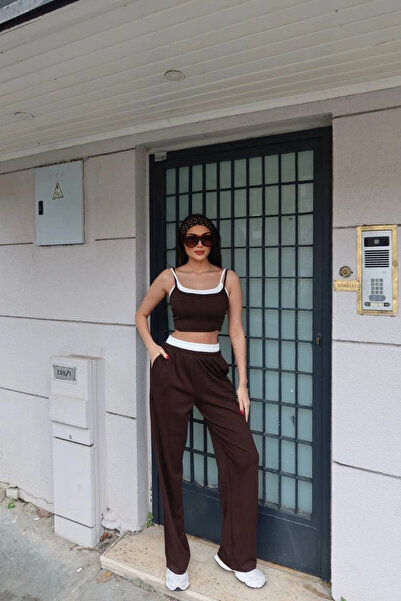 Eka Set de pantaloni elastici cu talie scurtă și bretele maro pentru femei 2530