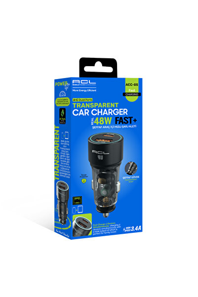 ACL ACC-05 Hızlı Araç Şarj Cihazı 48W PD 30W + QC 18W Çift Çıkışlı Şeffaf Oto...