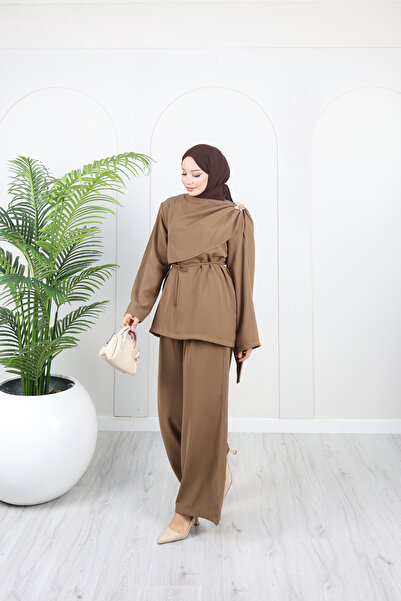 Moda Misali طقم بنطلون نسائي أنيق مع حزام وأكمام طويلة مكون من قطعتين مع تفاص...
