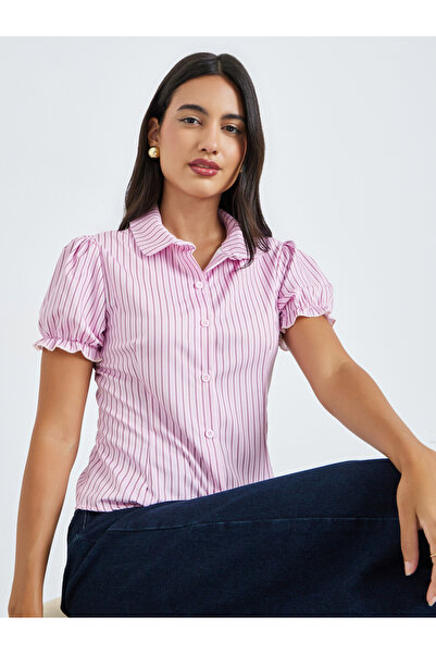 Styli Lilac Striped Puff Sleeves Shirt