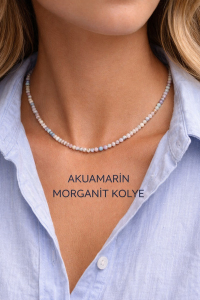 Cunda Doğal Taş Design Akuamarin Morganit Doğal Taş Kolye Minimal model