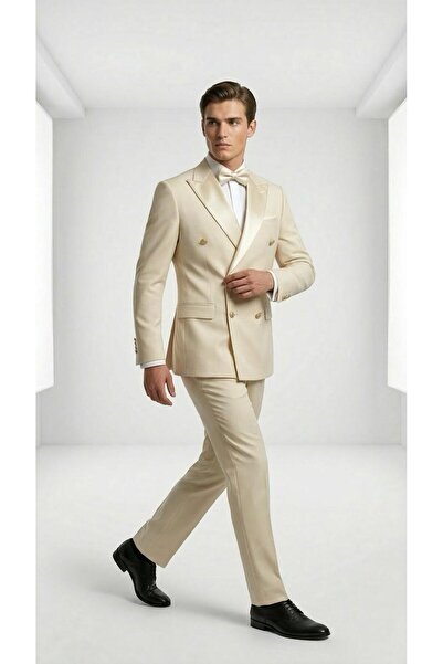 THE ROBUS بدلة عريس رجالية بقصة ضيقة وياقة مزدوجة من الليكرا