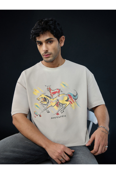The Souled Store By Styli Beige Majnu Bhai Print Oversized T-Shirt