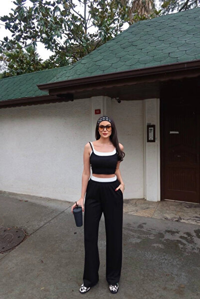 Eka Set pantaloni negri cu talie elastică și bretele pentru femei 2530