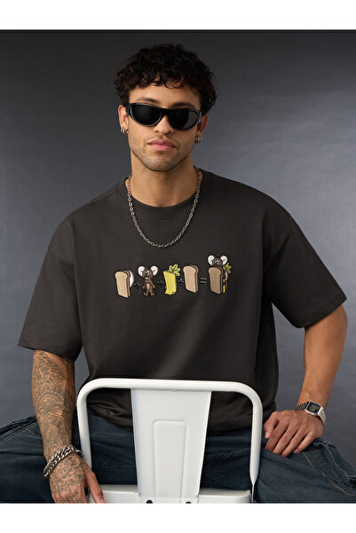 The Souled Store By Styli Charcoal Embroidered Tom and Jerry Oversized T-Shirt