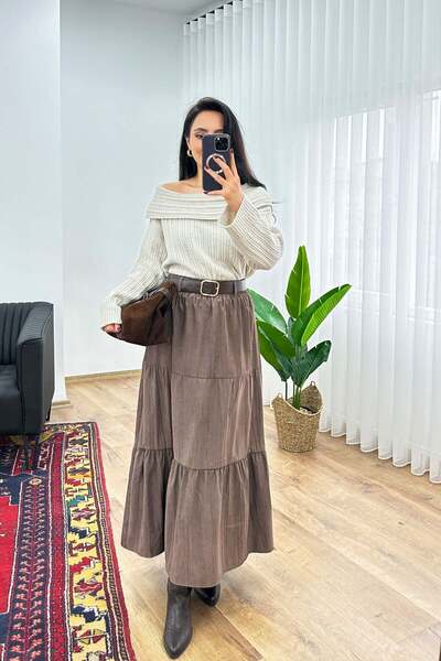 Hipo Trend Κομψή καφέ φούστα με ζώνη και πιέτες