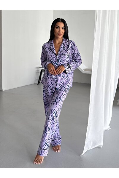 delis Women's two-piece pajama set, with buttons – 2500282, Lilac with abstra...