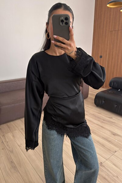 solena sln Γυναικεία Σατέν Ασύμμετρη Μπλούζα με Λεπτομέρεια από Γκουπέρ