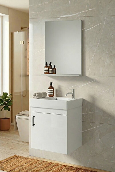 ÖZCEDEN Lale 50x25 cm Beyaz MDF Seramik Lavabolu Asma Banyo Dolabı Takımı
