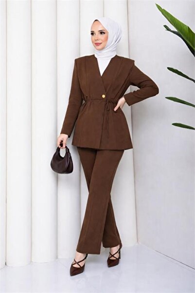 Neşeli Butik set de jachetă blazer căptușită, maro, mărime mare, cu nasturi a...