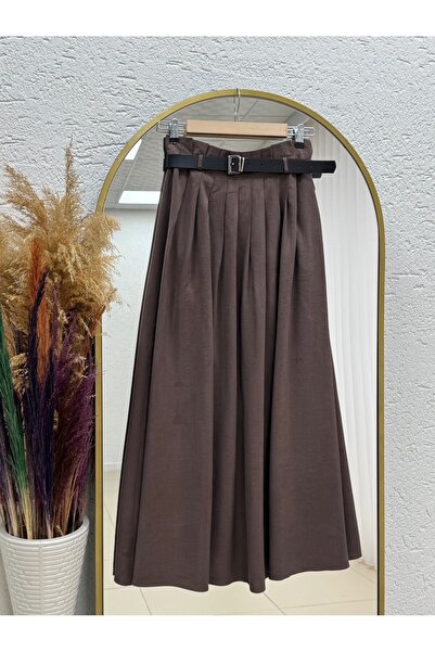 MİHRA STORE Luna Pleated Belted Modal Skirt-Bn4610.4644 Light Brown