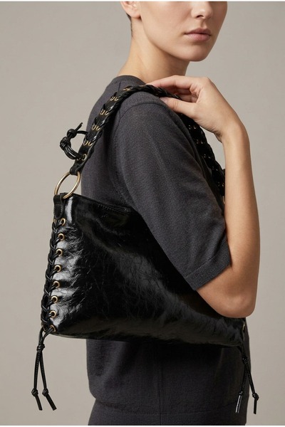 MRS.MODA Women's Black Color Shiny Wrinkled Leather Shoulder Bag with Lace De...