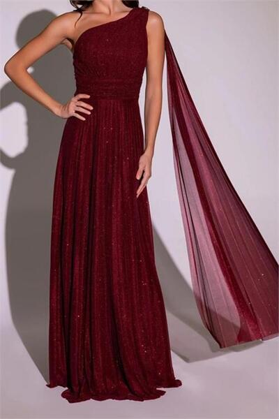 Neşeli Butik kadın bordo tek omuz pilise detaylı simli tül kumaş abiye elbise...