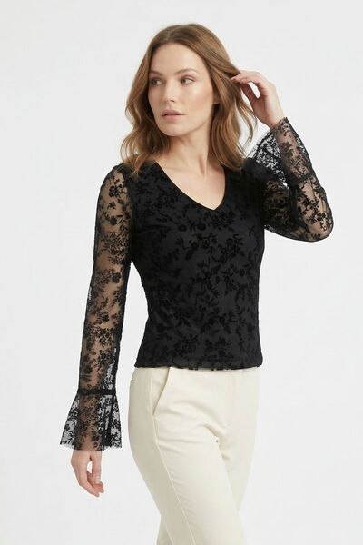 Rays Bluză neagră cu decolteu în V și mâneci spaniole din dantelă 8518A