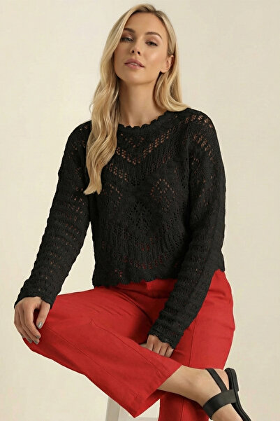 Abruzzo Black Embossed Patterned Lace Openwork Seasonal Women's Knitwear Blouse