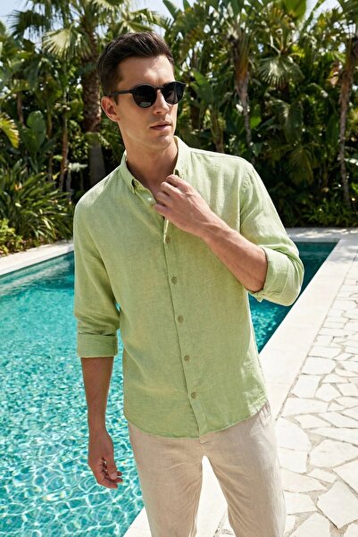 MADZEYMODA قميص رجالي أخضر مريح من القطن والكتان LS-19845