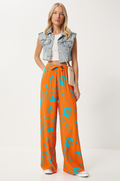 Lovelyİstanbul Patterned Draped Viscose Palazzo Trousers Len0003 Orange Blue
