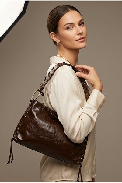 MRS.MODA Women's Brown Shiny Wrinkled Leather Shoulder Bag with Lace Detail