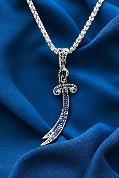 Men's Zulficar sword Navy Blue Zircon Gemstone K-182 Anti-rust Kromix Steel Silver Plated Pendant Medallion