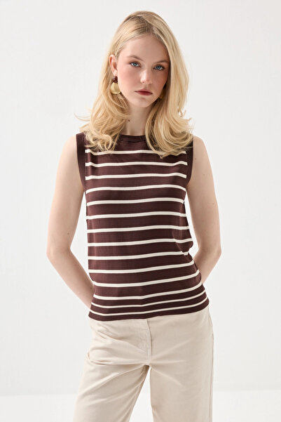 Gusto Striped Mercerized Knitwear Blouse - Brown