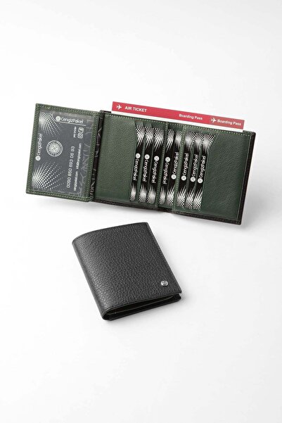CENGİZ PAKEL Genuine Leather Men's Wallet 13697-Black/Green