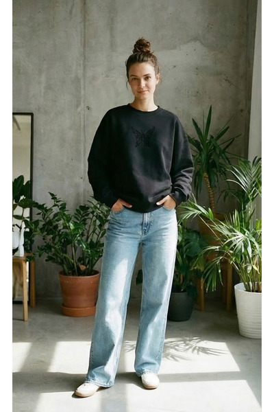 ZAVIXO Γυναικεία μπλούζα φούτερ με στάμπα μαύρης πεταλούδας και πέτρας σε δια...