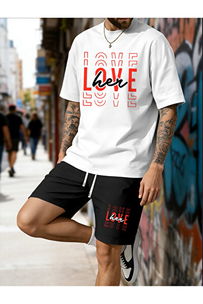 LOVE Baskılı Pamuklu Kumaş Erkek Beyaz T-shirt-Siyah Şort Takım