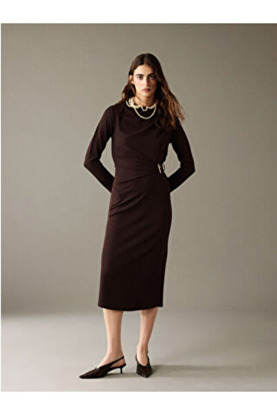 LC Waikiki New Season Brown Draped Collar Gathered Crepe Dress