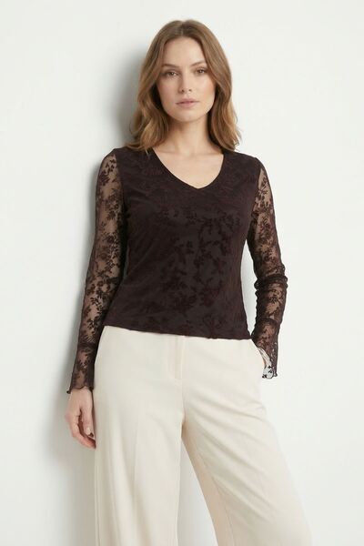 Rays Bluză maro cu decolteu în V și dantelă spaniolă 8518A