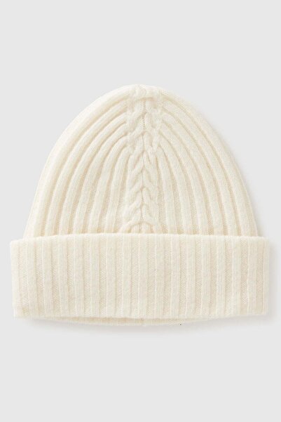 United Colors of Benetton Cream Wool Blend Ribbed Folded Knit Beanie Model Co...