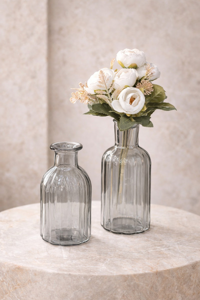 sahane & bazaar Füme & Amber Renk İki Boy Cam Vazo Seti & Dekoratif Vazo