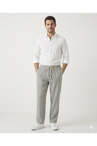 barozzi Men's Black Linen Muslin Trousers Comfortable Fit Baggy Lightweight F...