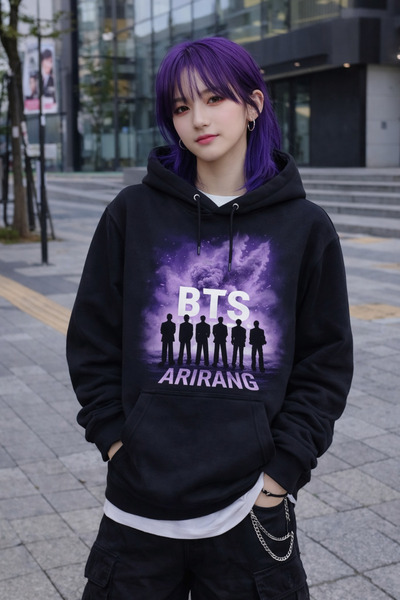 MECH BUTİK Μαύρο φούτερ με κουκούλα και τσέπη καγκουρό με στάμπα BTS