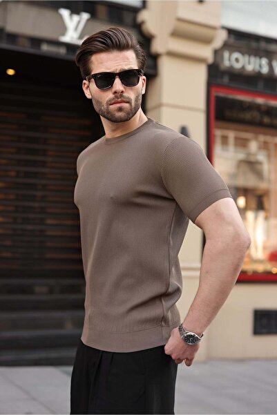 Madmext Light Brown Crew Neck Ribbed Men's T-Shirt E7474