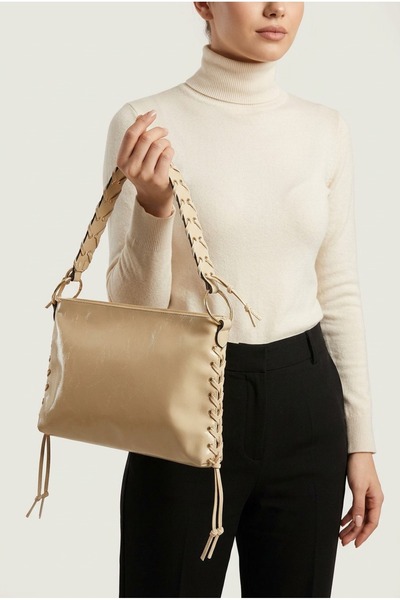 MRS.MODA Women's Mink Color Shiny Wrinkled Leather Shoulder Bag with Lace Detail