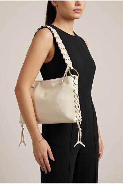 MRS.MODA Women's Ecru Color Shiny Wrinkled Leather Shoulder Bag with Lace Detail