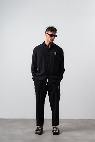 Respire Ανδρικό λινό πουκάμισο oversize και παντελόνι σετ σε μαύρο χρώμα