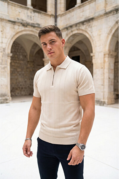 SAYZEN YOUR SHİNE Soft Pattern Polo Collar Zippered Men's T-Shirt