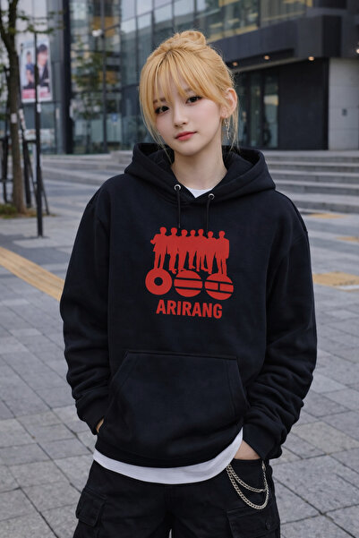 MECH BUTİK Μαύρο φούτερ με κουκούλα και τσέπη καγκουρό με στάμπα BTS