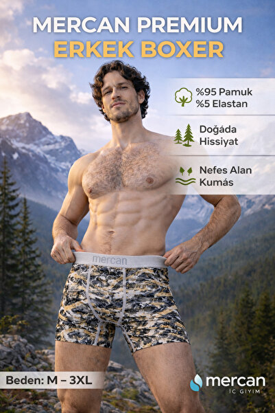 Mercan Camouflage Patterned Cotton Boxer Shorts - Non-Marking Waist Elastic
