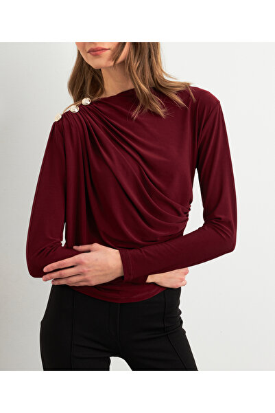 NEW JOURNAL Women's Burgundy Button Detailed Gathered Blouse App1223-1