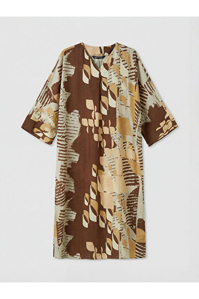 LC Waikiki Lcw Modest Brown V-Neck Ethnic Patterned Dress