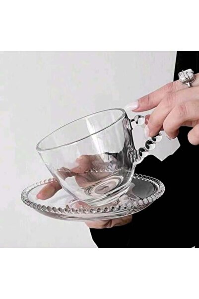 Generic طقم أكواب قهوة زجاجية شفافة مع مقبض مزخرف وصحن