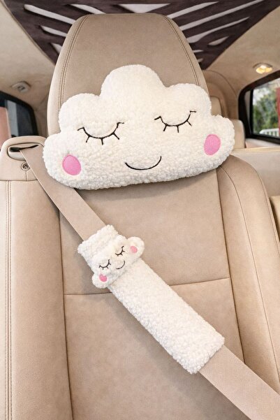 Masalia Cute Plush Cloud Patterned Car Neck Pillow and Seat Belt Set (1 Pillo...