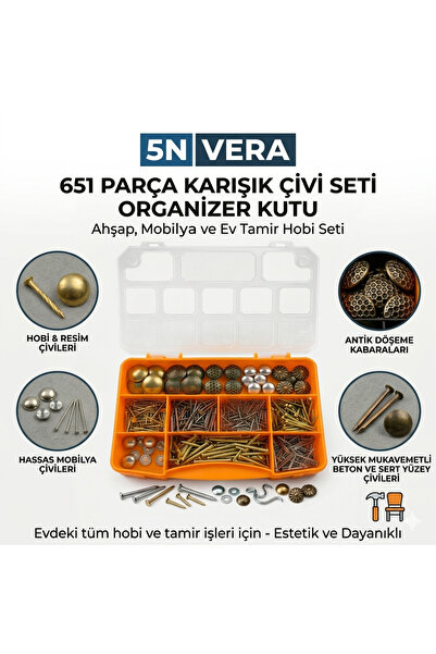 5NVERA 651 Adet Hobi & Teknik Çivi Seti – Beton, Ahşap, Cam Çivisi ve Dekorat...