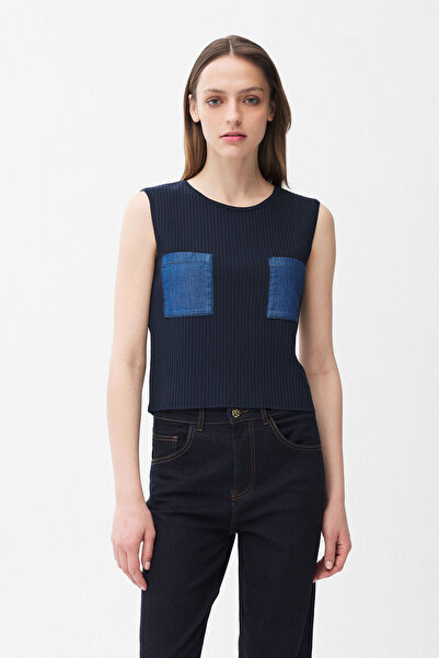 adL Cep Denim Detaylı Triko Bluz