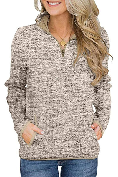 ALTAİWOOD Women's casual blouse, long sleeves, high collar, 3/4 zipper, cream...