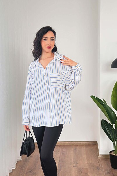 Hipo Trend Cămașă cu o singură buzunară, croială lejeră, din in, cu dungi alb...